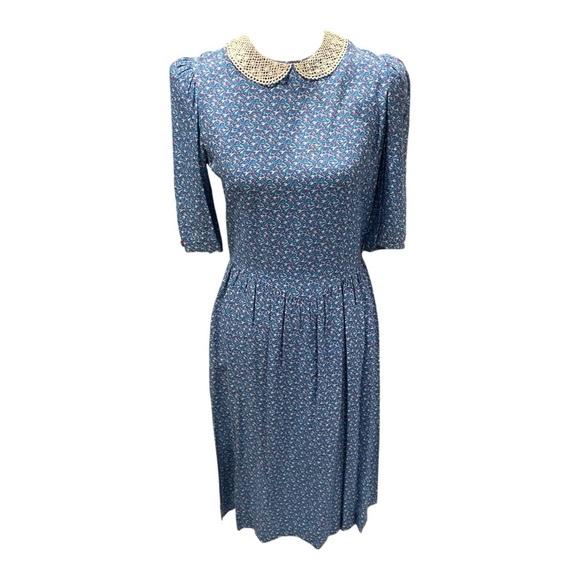 Vintage blue floral retro 60’s-70’s dress lace pockets midi milkmaid prairie - Picture 1 of 15